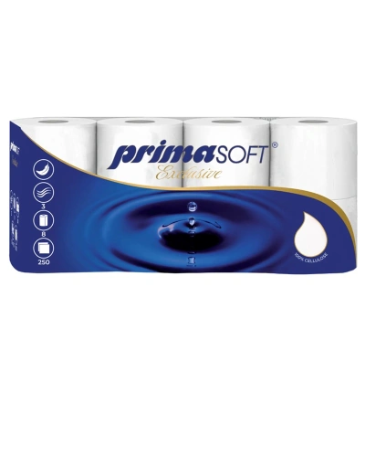 Toaletní papír PRIMASOFT EXCLUSIVE 250, 3VR, celuloza, extra bílá, 30m, 250 útržků, 8ks.jpg Toaletní papír PRIMASOFT EXCLUSIVE 250, 3VR, celuloza, extra bílá, 30m, 250 útržků, 8ks.jpg